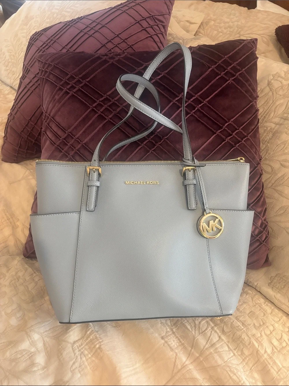 Michael Kors Pale Blue Saffiano Leather Tote with Gold MK Charm